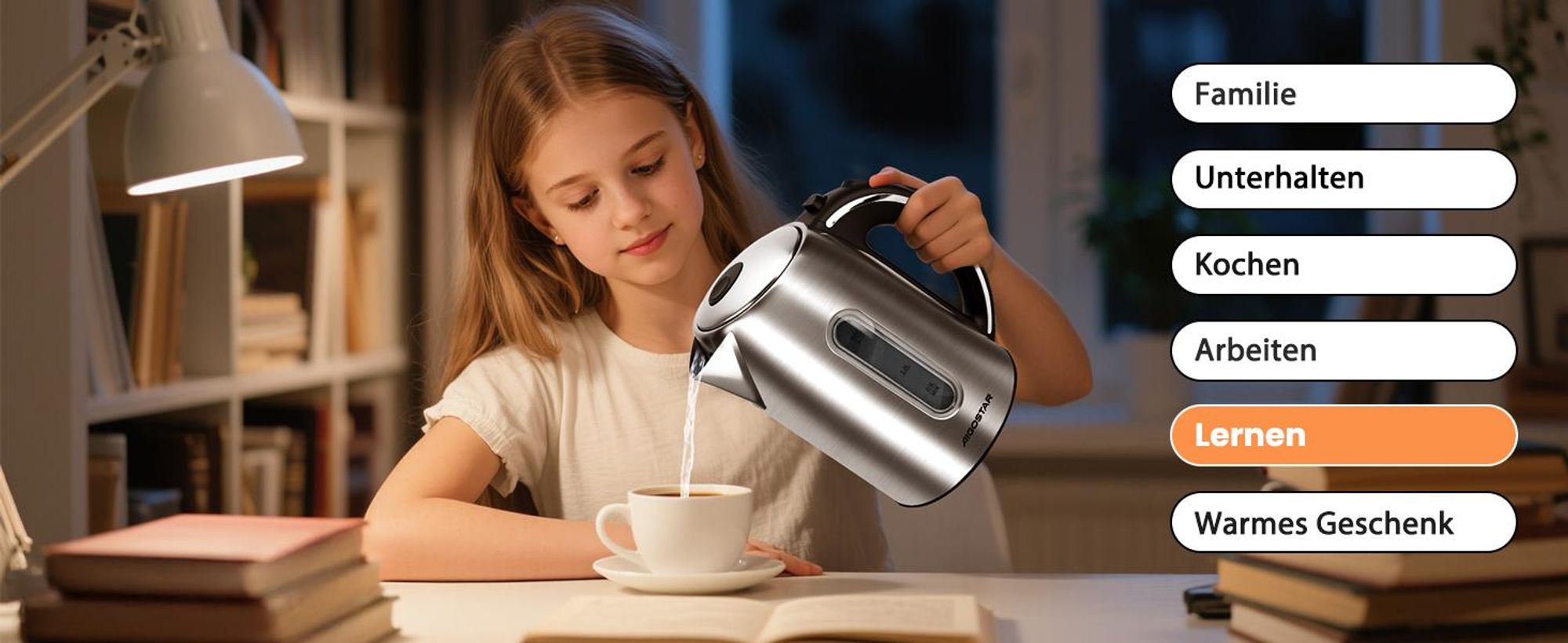Aigostar - Wasserkocher Edelstahl 1,7L, 2200W, mit Kalkfilter, LED Beleuchtung, Mit Wasserstandsanzeige, Schnelles Kochen, Abschaltautomatik, BPA frei