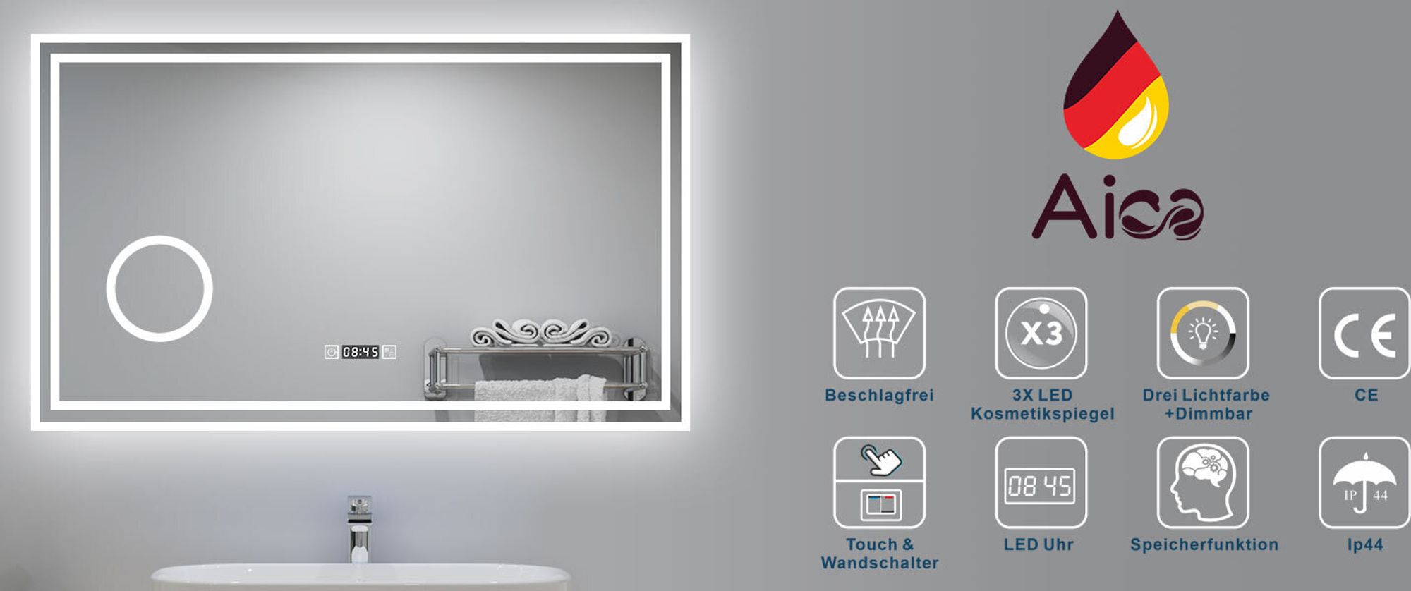 AICA LED Badspiegel 80x60cm mit Beschlagfrei Uhr Badezimmerspiegel 3 Lichtfarbe 3x Vergrößernder Kosmetikspiegel Dimmbar Memory-Funktion IP44