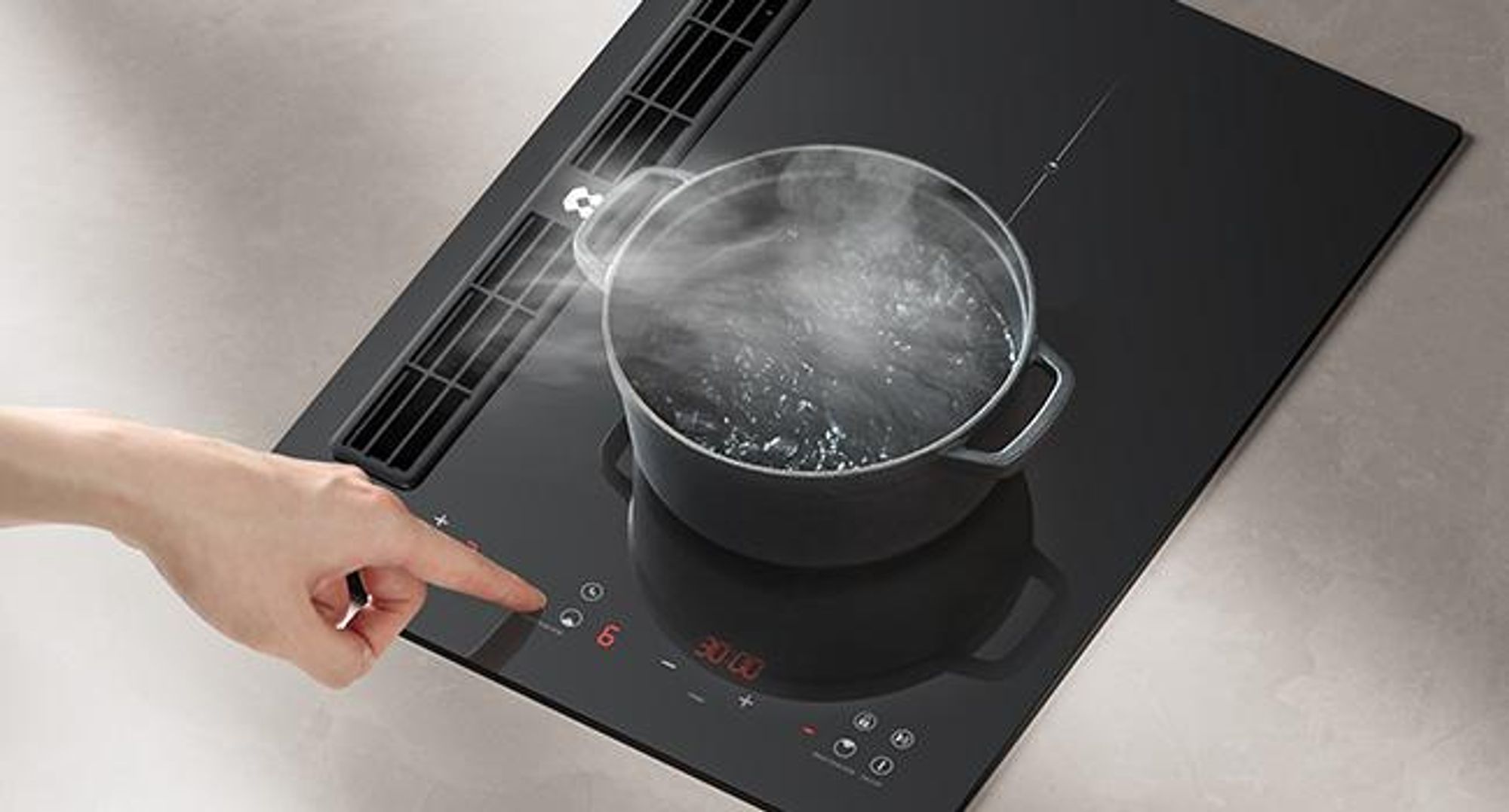 Plaque de cuisson à induction CIARRA avec hotte intégrée, 39 cm, système Plasma⁺, filtre à zéolite, fonction Boost pour une cuisson plus rapide, 2 zones de cuisson, modèle CBBEH392B