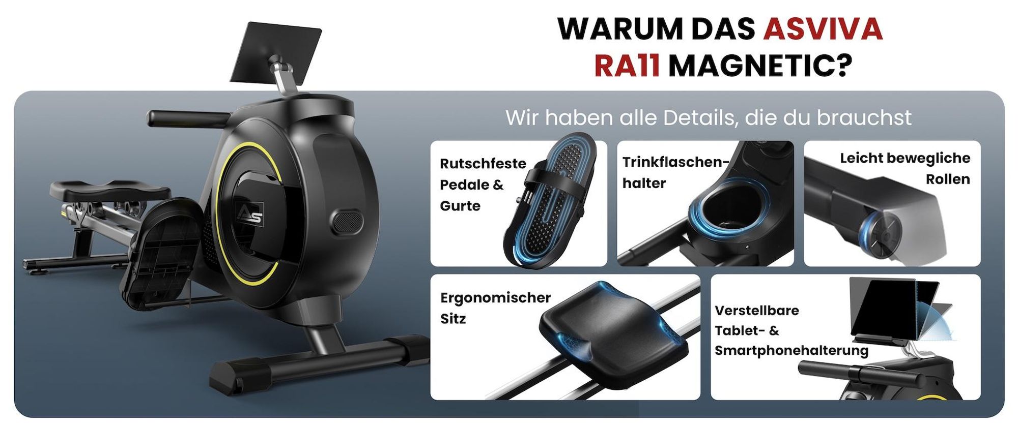 AsVIVA RA11 Rudergerät Heimtrainer, Generatorbetrieb ohne Stromanschluss, Bluetooth-App & Pulsmessung, 6,5 % Schienenneigung, platzsparend, bis 135 kg