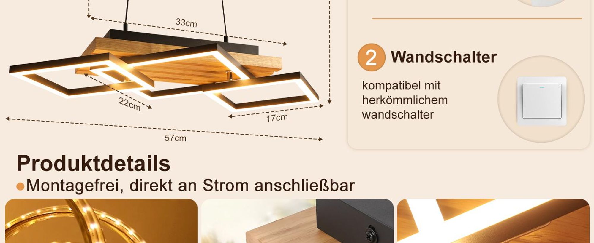 Suspension ZMH, lampe pour table à manger, abat-jour en bois, lampe pour salle à manger, variateur LED, suspension noire, 31W, avec télécommande, réglable en hauteur, idéale pour la salle à manger et la cuisine