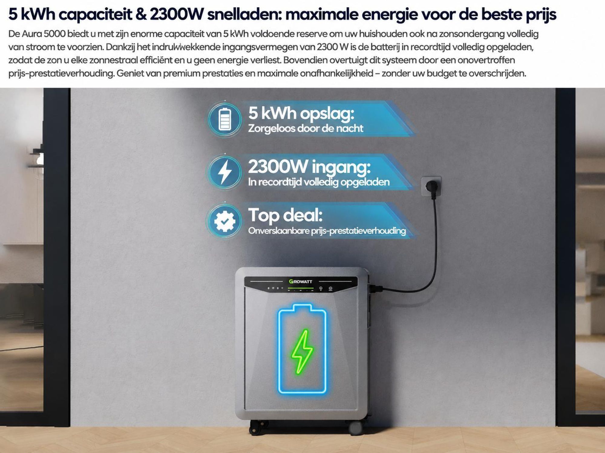Powerness® Thuisbatterij voor Balkonzonnepanelen, 5 kWh Growatt Aura 5000 met 2300 W zonnepaneel-ingang, IP66