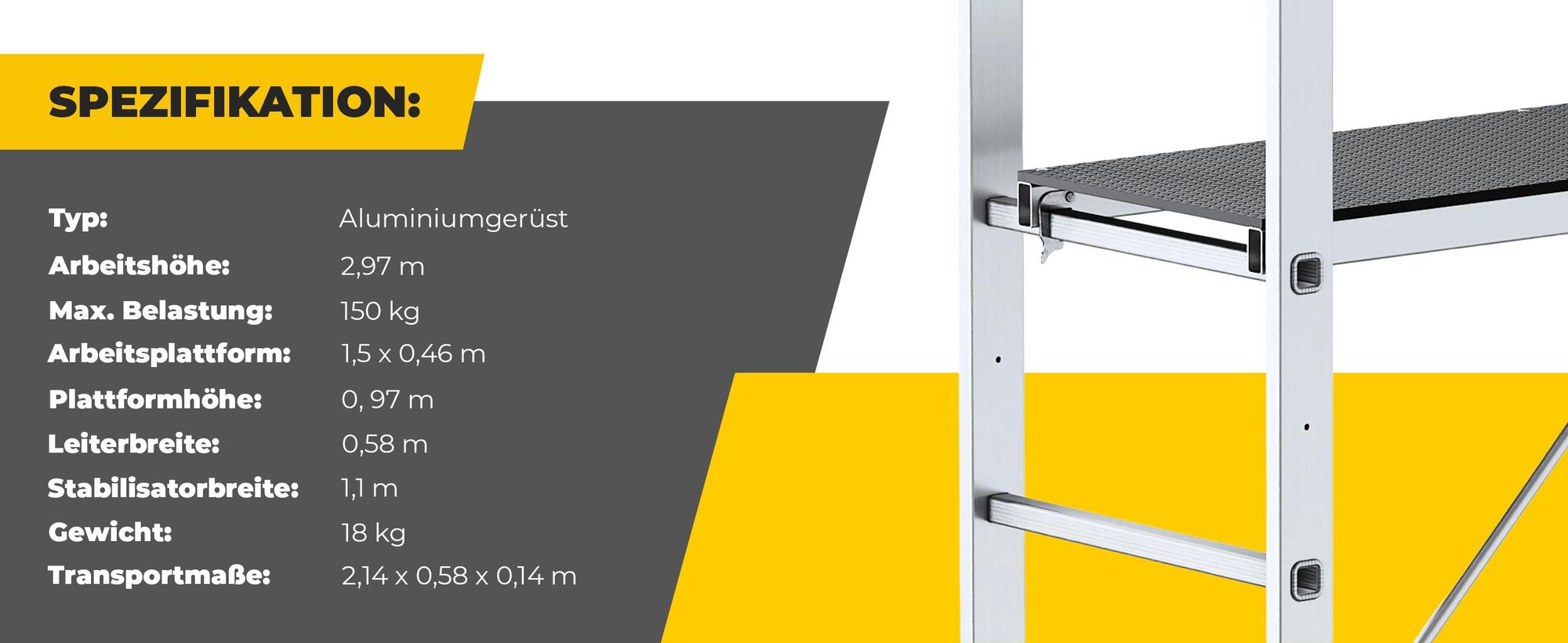 Drabest | Aluminiumgerüst - Aluminiumgerüst 2X8 - Leitergerüst - Tragfähigkeit der Plattform: 150 kg - Abmessungen der Plattform 46X150 CM