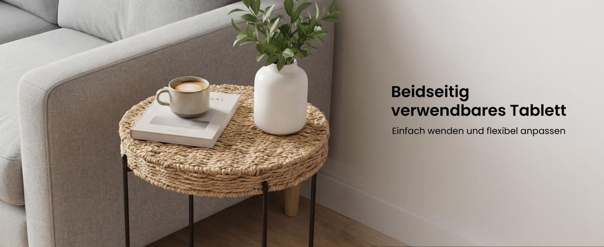 Mai & Mai Beistelltisch rund Ø37×H55 cm, Couchtisch klein mit abnehmbarem Tablett aus Papierkordel, Schwarz Reglo-08
