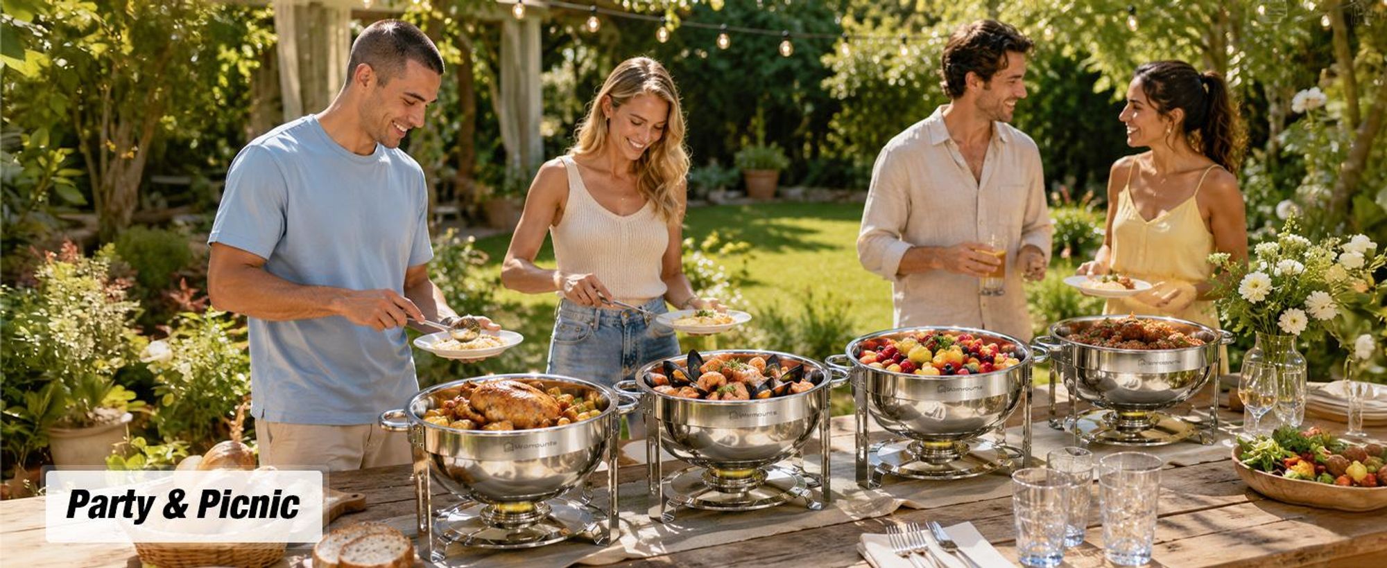 Warmounts 4er-Set Runde Chafing Dishes Buffetwärmer 4,7L mit Glasdeckel, Edelstahl poliert, Stapelbar, Deckelhalter, Speisenwärmer für Party