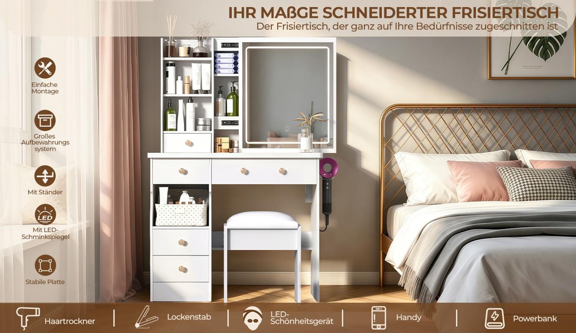 Schminktisch mit Spiegel und verstellbarer LED-Beleuchtung – Frisiertisch/Kosmetiktisch mit 5 Schubladen, Steckdosen und Hocker