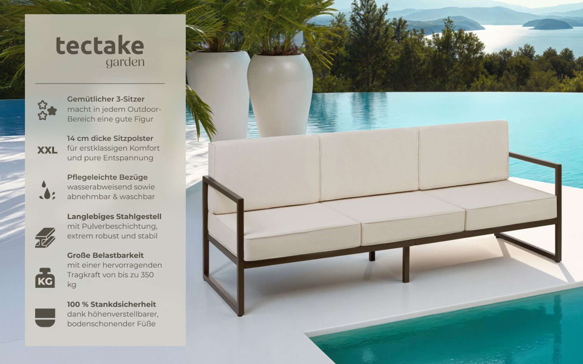 tectake® Garten-Loungesofa Comosa, 3-Sitzer, XXL-Polsterung