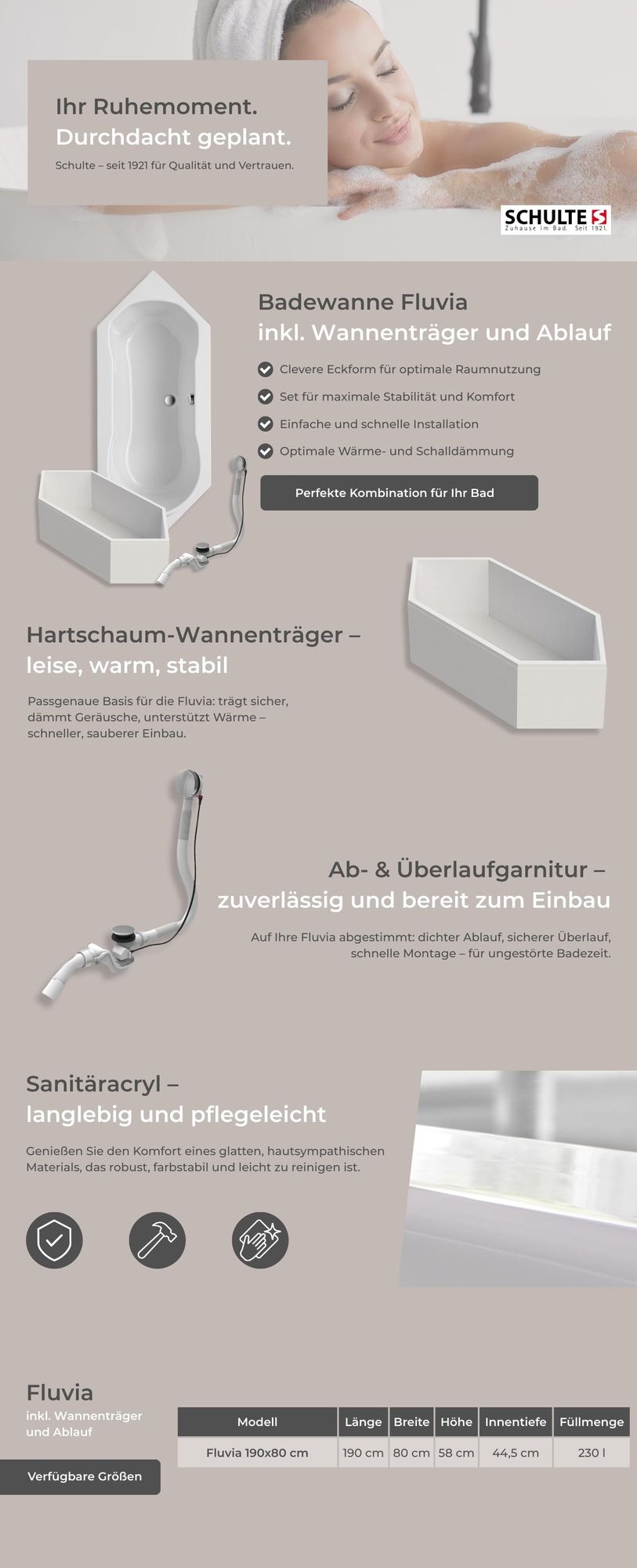 Schulte Eckbadewanne Modell Coralia, Weiß Sanitäracryl, 140x140 cm, Höhe 58 cm, inkl. Set Hartschaum-Wannenträger + Ab- und Überlauf