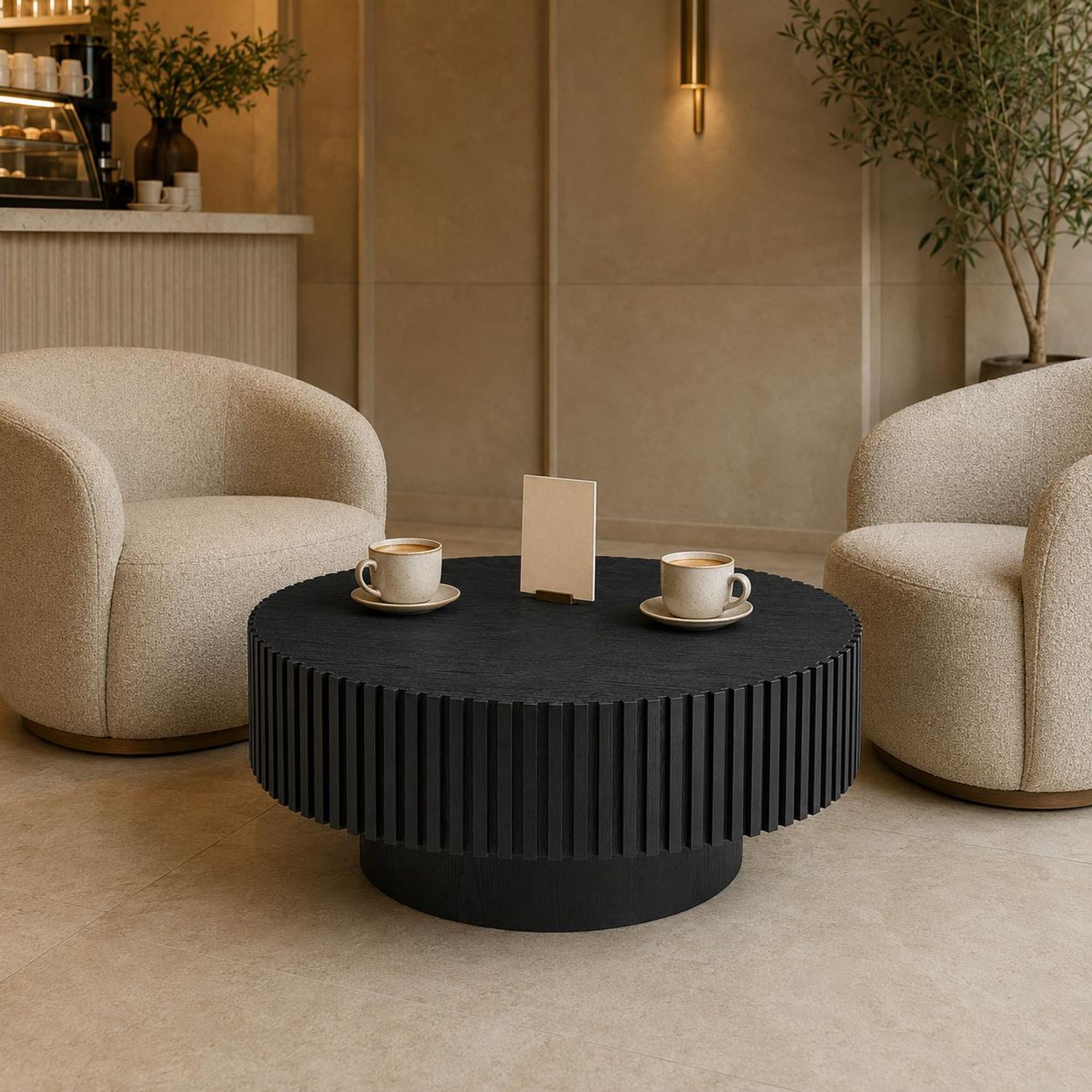 Runder Couchtisch mit Rillenoptik und Rundsockel, 80 x 35 cm, Schwarz