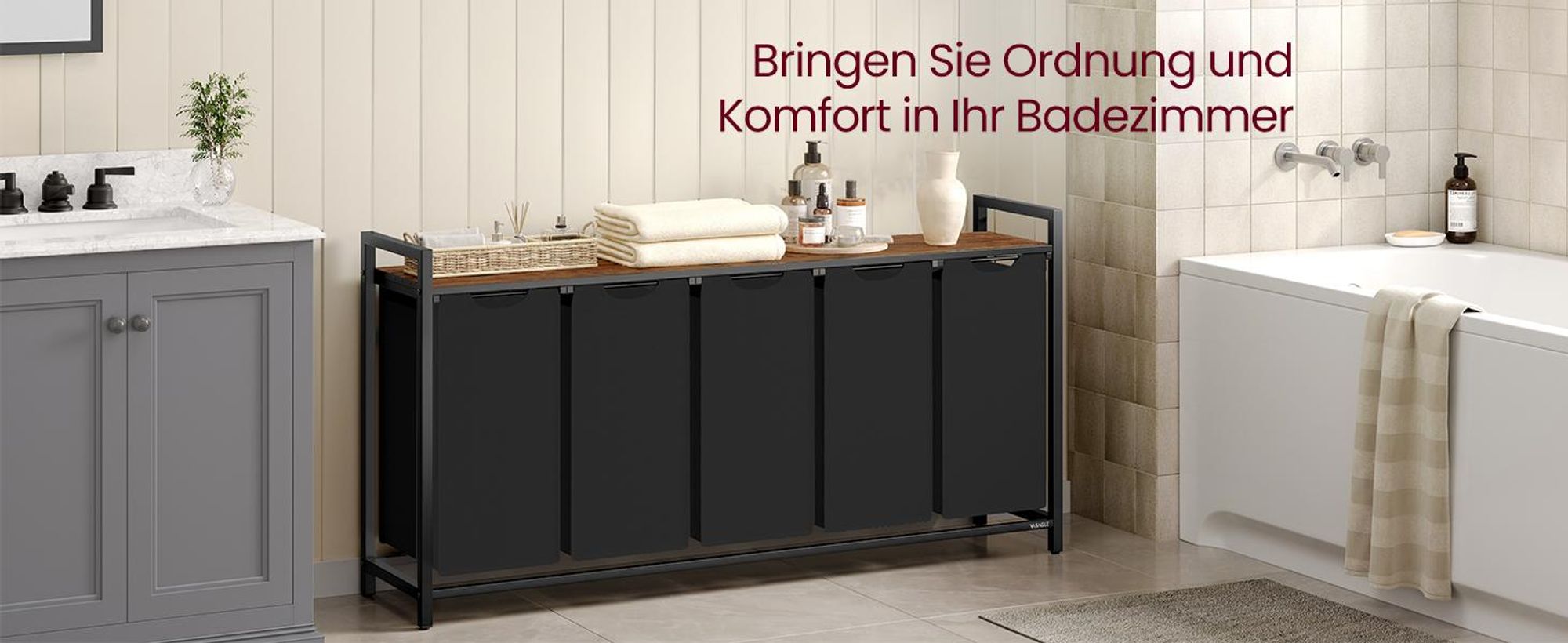 VASAGLE Wäschekorb 5 Fächer, Wäschesammler mit Ablage, Wäschebox, 200L