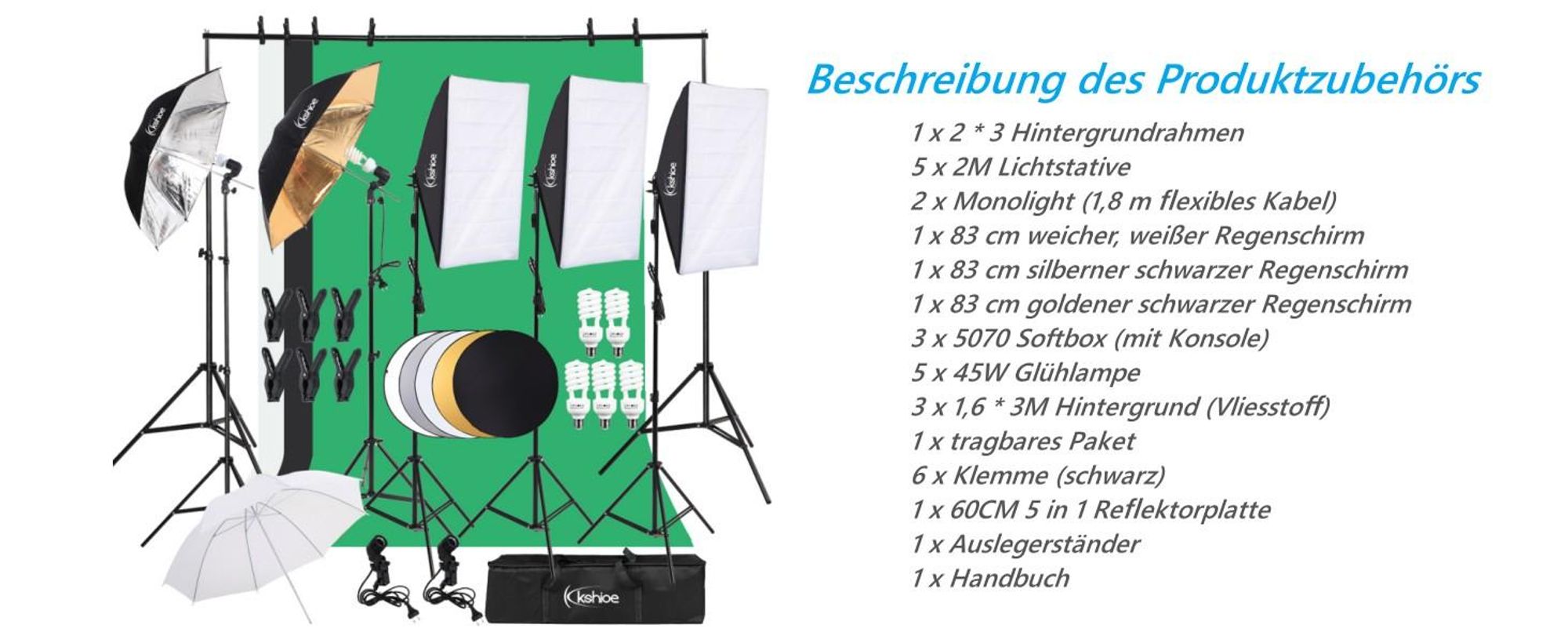 FCH Fotostudio Dauerlicht Softbox Set, Hintergrund Stützsystem,Professionelles Studiosets inkl. Reflektor für Anfänger, Porträts, Produktfotografie