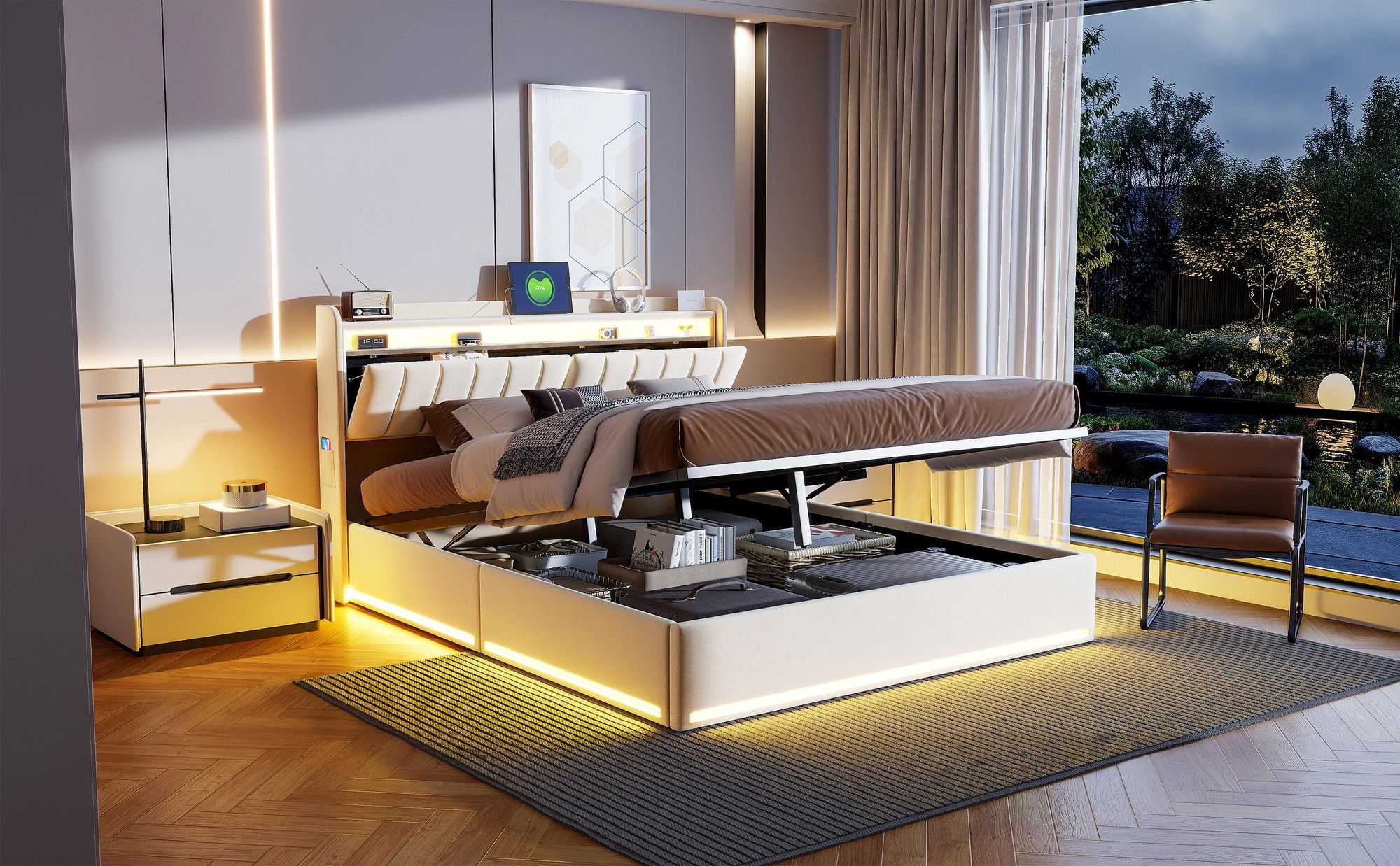 INONEFT Boxspringbett 140×190 mit LED &USB ,Polsterbett mit Stauraum,Hydraulisches Doppelbett, Samt, Beige.
