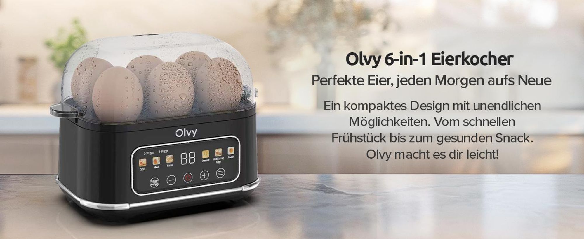 Olvy Eierkocher für 1-6 Eier mit Omelett- & Pochierfunktion – LCD-Timer, Abschaltautomatik, BPA-frei, leicht zu reinigen, elektrisch & kompakt