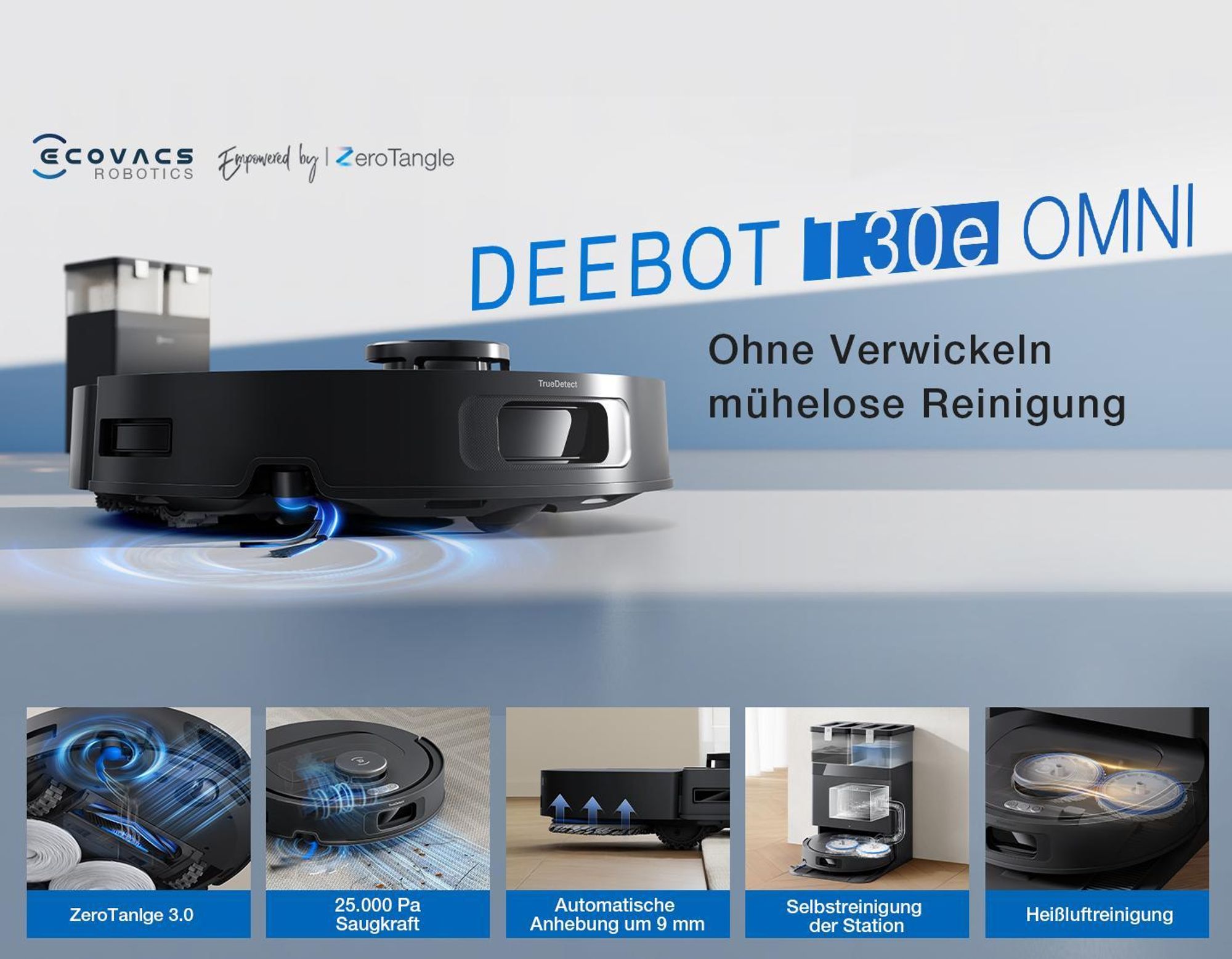 ECOVACS DEEBOT T30e Omni Staubsauger Roboter mit Wischfunktion, 25.000 Pa, ZeroTangle 3.0 Anti-Verheddern, 75°C Moppwäsche, Saugroboter, Schwarz