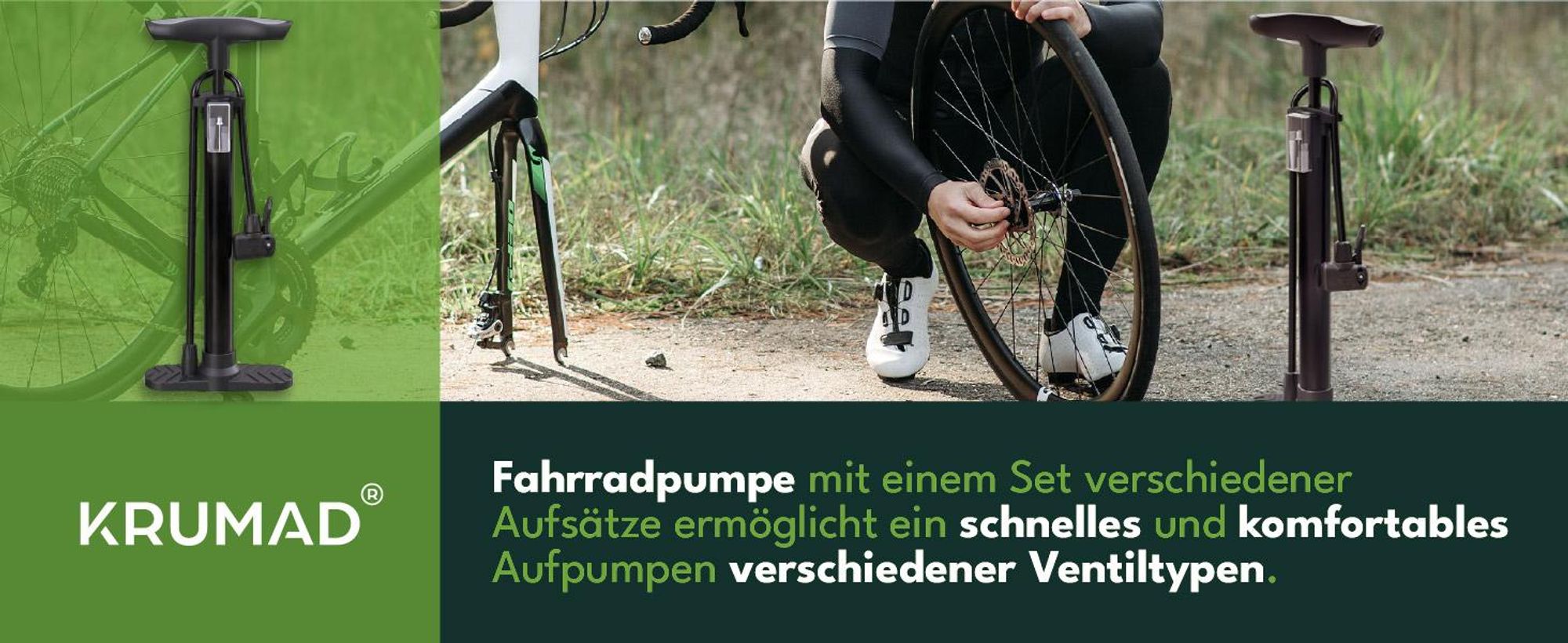 KRUMAD Fahrradpumpe, Fahrradpumpe alle Ventile, Luftpumpe für alle gängigen Ventile, Standpumpe mit Fußpedal, Fahrrad Luftpumpe für Reifen
