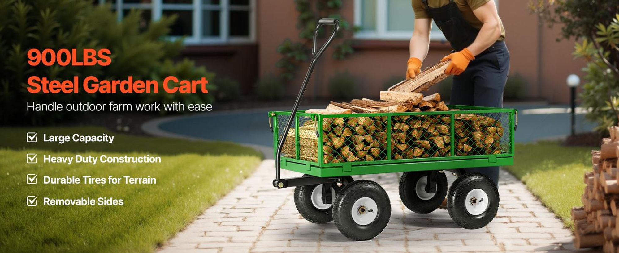 VEVOR 1200 Lbs Stahl Gartenwagen, Schwerlast Ziehbarer Gartenwagen, 2 in 1 Outdoor Metall Nutzwagen mit 13" All-Terrain Reifen, Abnehmbare Netzseiten und 180° drehbarem Griff, Grün-900 lbs