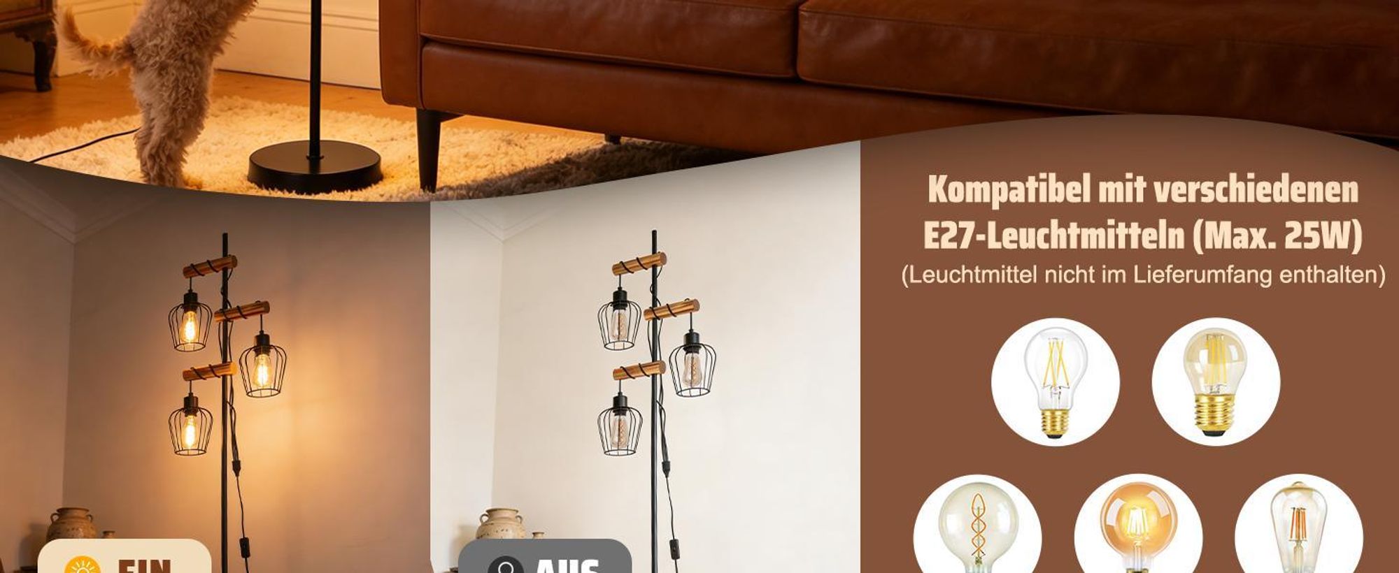 ZMH Stehlampe Wohnzimmer Holz Stehleuchte 3 flammig Wohnzimmerlampe Stehend Standlampe Leselampe Bodenlampe für Schlafzimmer Ohne Leuchtmittel