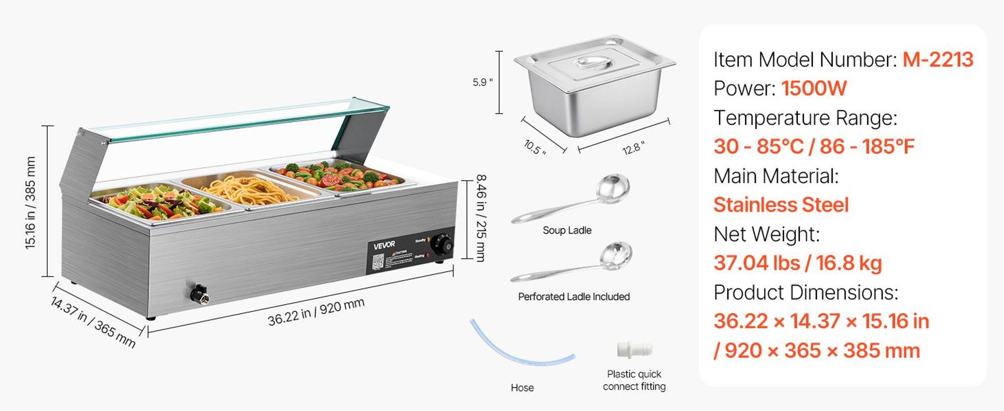 VEVOR 8-Pfannen Gewerblicher Speisenwärmer, 8 x 8QT Elektrischer Dampftisch mit Glasabdeckung, 1700W Edelstahl Buffet Bain Marie 86-185°F Temperaturregelung für Catering, Restaurants, Silber, 3 x 1/2-Größe Pfannen