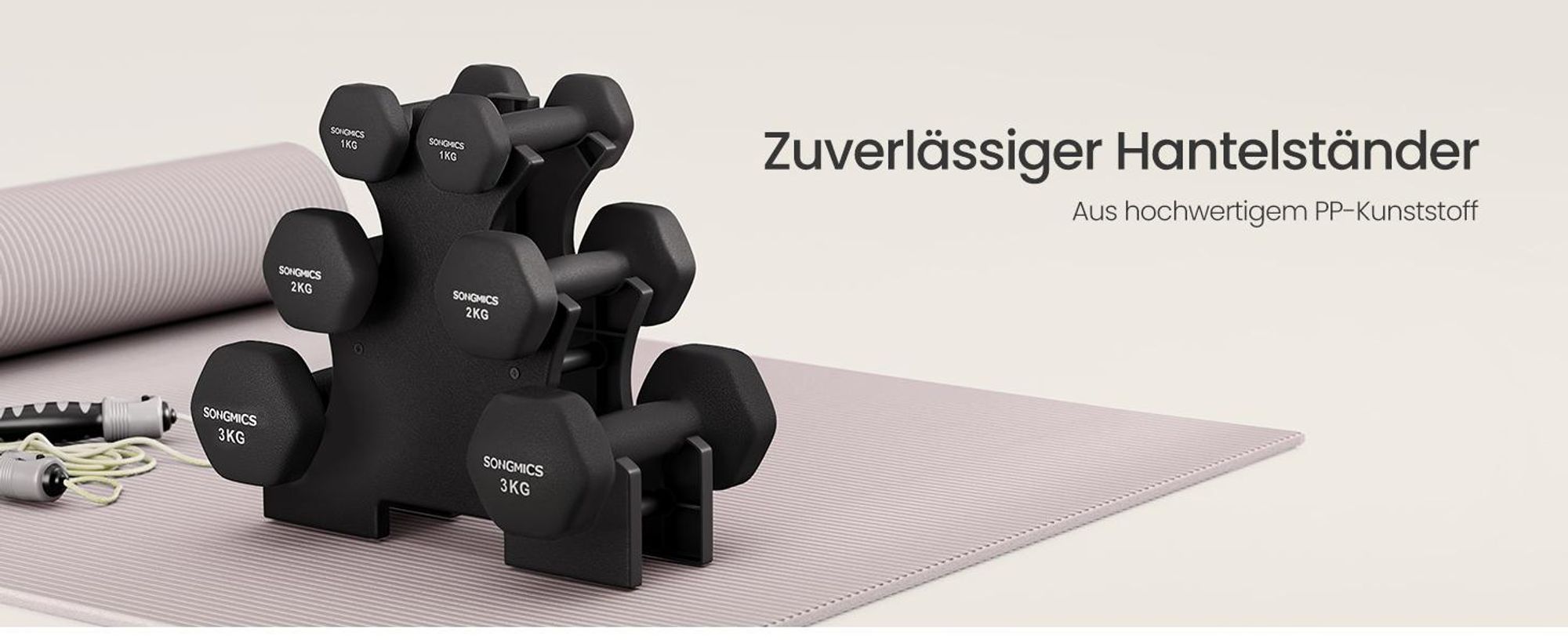 SONGMICS Kurzhantel Set 6 Stück, Sechseckig mit Hantelständer, Rutschfest, 1, 2, 3 kg, 30,6 x 10 x 27 cm, Schwarz