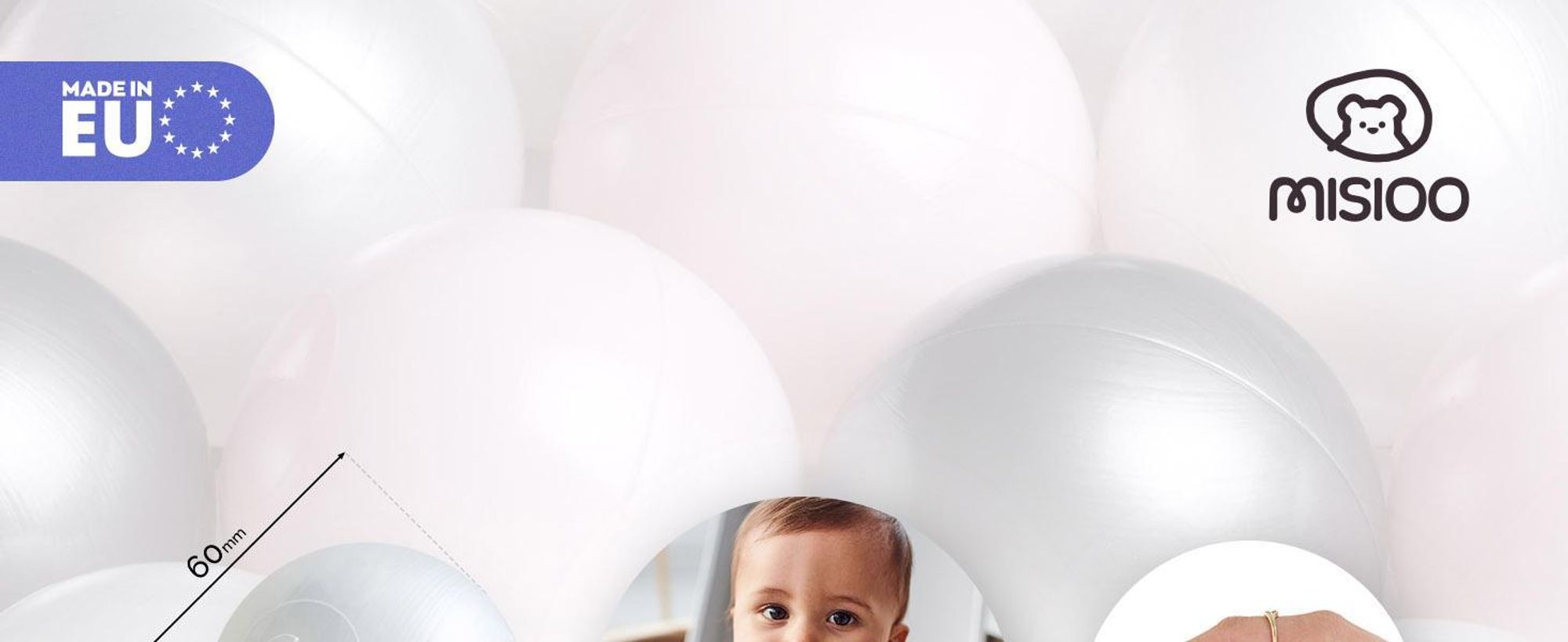 MISIOO Balles pour bain de balles 300 pièces - Balles pour bain de balles - Balles Ø 6 cm - Balles en plastique fabriquées en 100% LDPE - Jouets bébé - Rose clair/perles/argenté