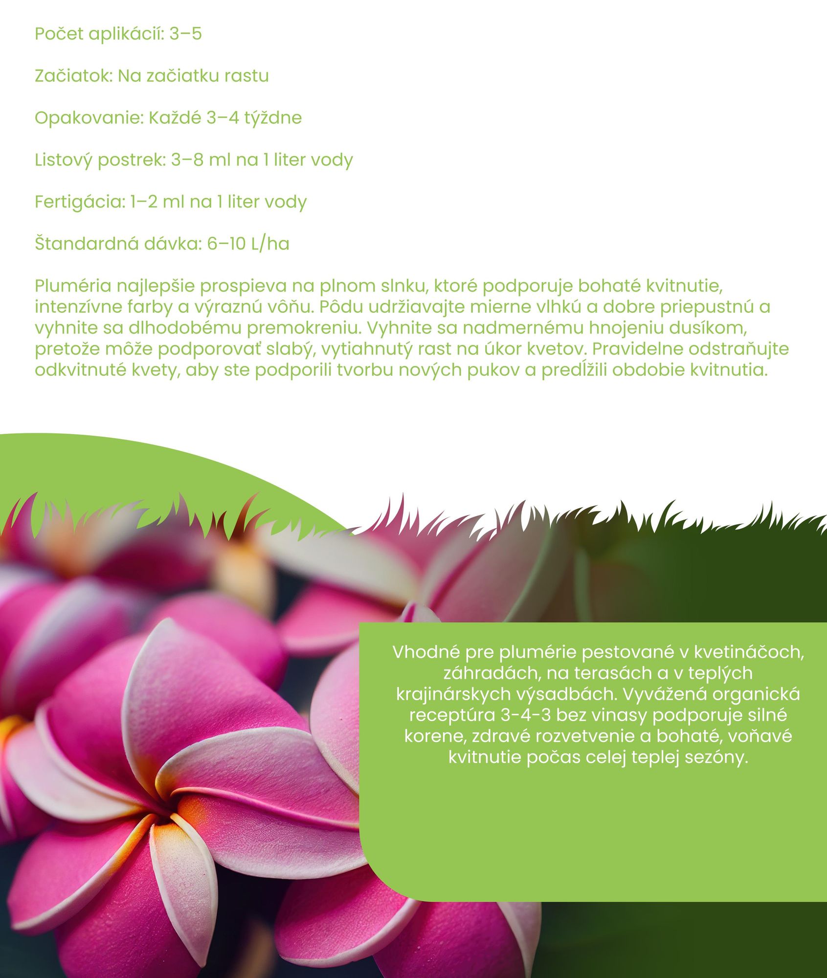 Frangipani, tekuté hnojivo, 2x 1 liter – vzorec NPK 3-4-3 – vhodné pre rastliny Plumeria – podporuje nepretržité kvitnutie a zdravý rast – organické