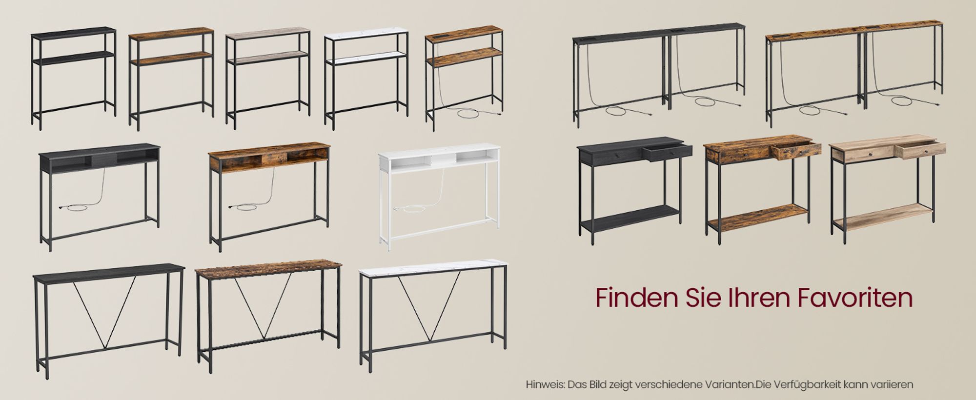 VASAGLE Sofatisch, Flurtisch, schmales Design, 15 x 100 x 80 cm, mit Ladestation