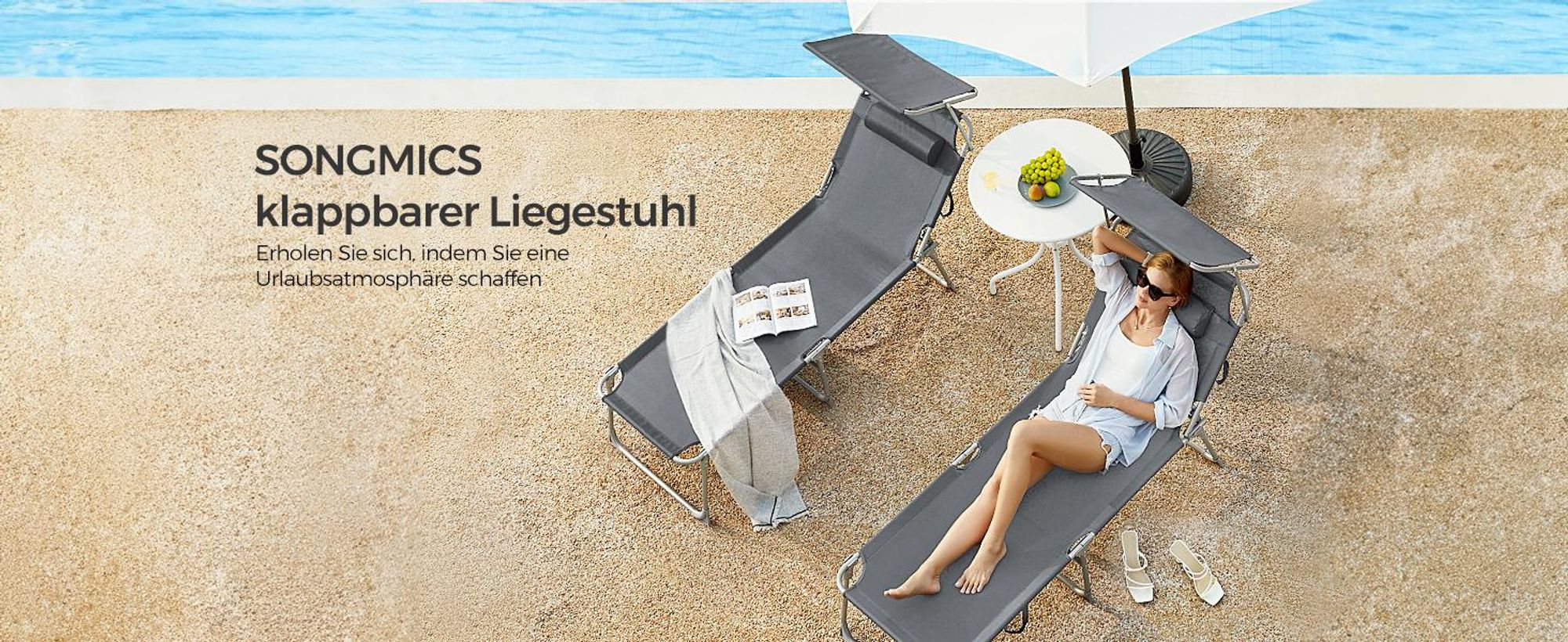 SONGMICS Gartenliege, klappbarer Liegestuhl, 193x53x29cm, mit Kopfstütze dunkelgrau