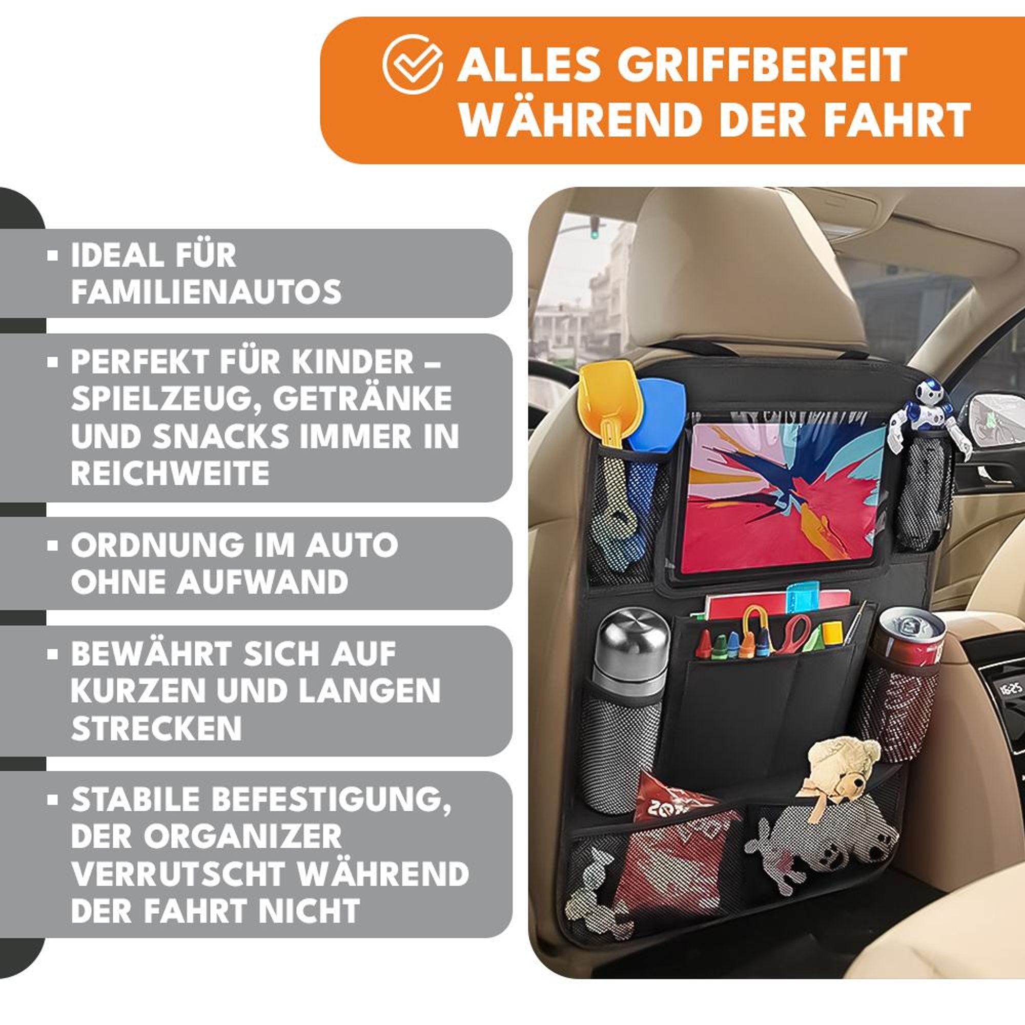 KRUMAD Auto Rücksitz Organizer für Kinder – Rücksitzschoner mit Tablet-Fach & großer Aufbewahrung – Sitzschutz gegen Schmutz mit vielen Taschen