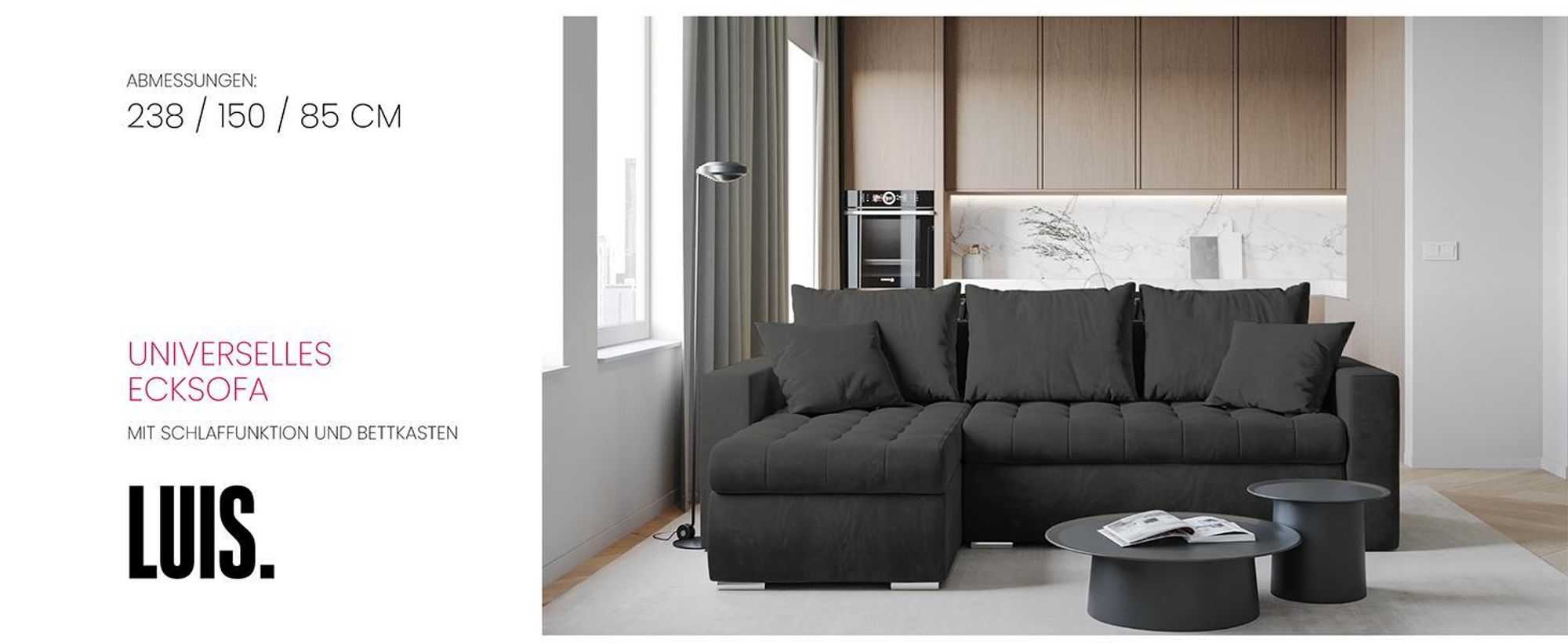 BroMARKT Ecksofa LUIS Schlaffunktion Bettkasten L-Form 238x148x88cm Dunkelgrün