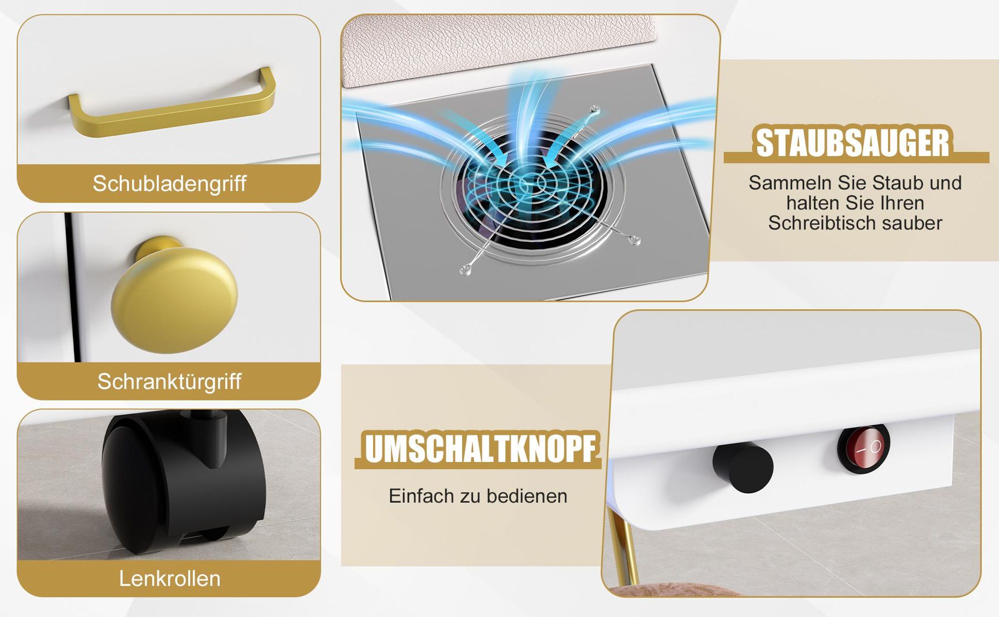 Manikürtisch mit Absaugung und LED-Beleuchtung, mobiler Nageltisch mit Staubabsaugung, Schublade und Stauraum für Nagelstudio & Kosmetikstudio