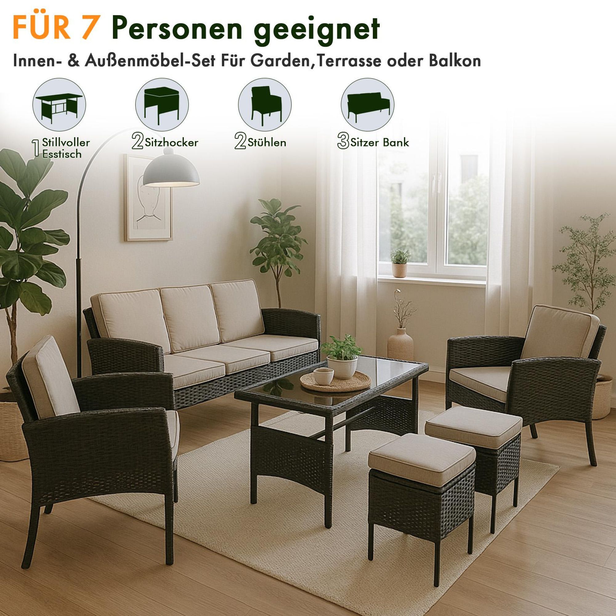 FCH Gartenmöbel-Set,Polyrattan Lounge Set,Gartenlounge-Set - Sofa, Tisch, Hocker & Kissen