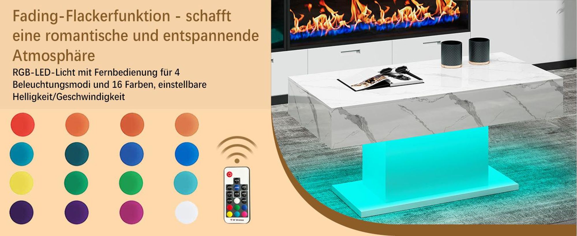 Radelldar Modern Couchtisch Wohnzimmertisch Hochglanz mit Beleuchtung, USB, 110x55x50cm, Weiß marmor