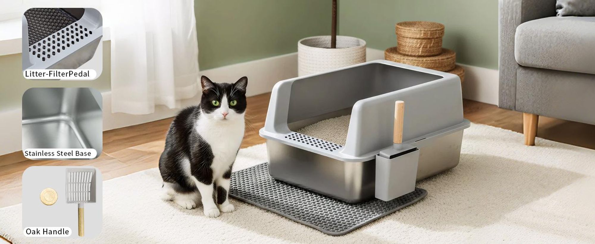 WISFOR Katzentoilette Edelstahl, Katzenklo ohne Deckel, XXL Katzentoilette offen mit Schaufel Katzenklo Matte, Schalentoilette Katze, 60 x 40 x 31 cm