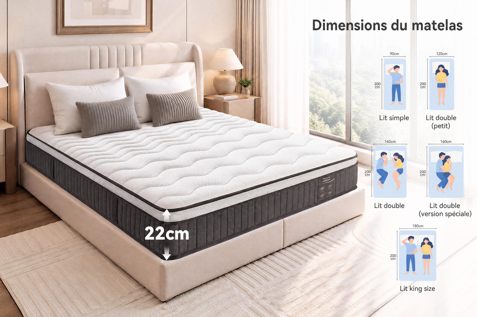 Matelas 180x200 cm, 22 cm d'épaisseur, avec sommier intégré. Matelas à 7 zones avec ressorts ensachés, fermeté H3/H4