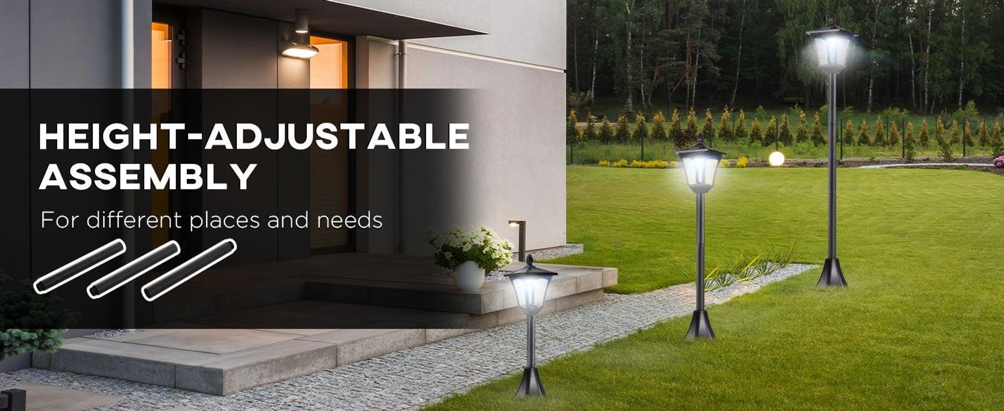 Lampa ogrodowa solarna Outsunny, oświetlenie ścieżki z diodami LED, 40 lumenów, czarna, 18 x 18 x 160 cm