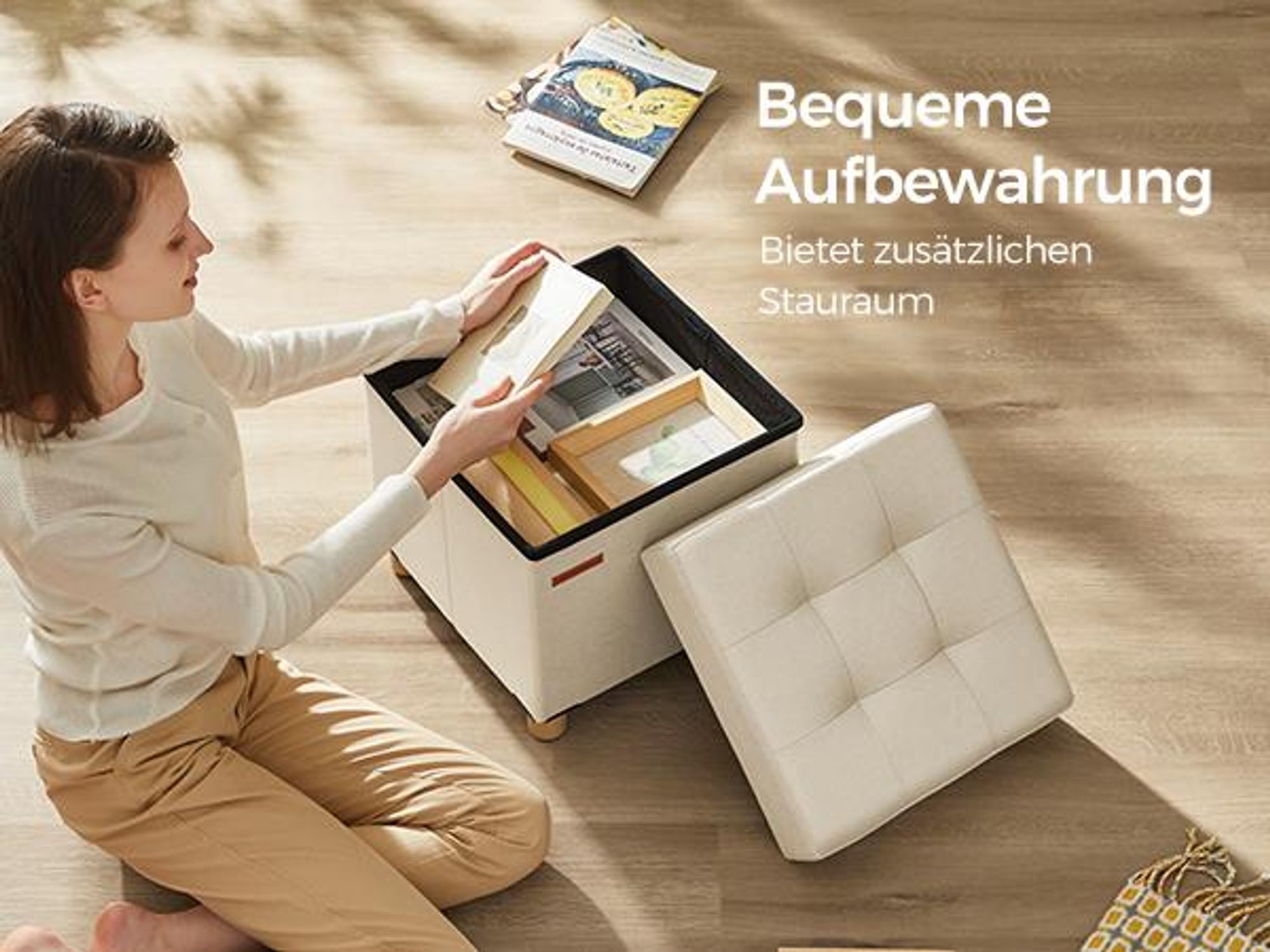 SONGMICS Sitzhocker, 37L, klappbare Sitztruhe, Aufbewahrungsbox, Cremeweiß