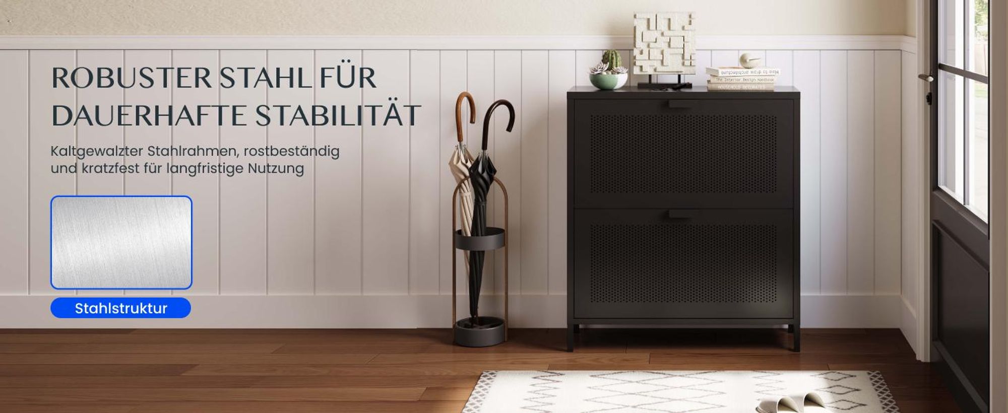 FLEXISPOT Schuhschrank Metall mit 2 Klappen, platzsparender Schuhkipper mit Belüftungslöchern, stabile Stahlkonstruktion, Schwarz
