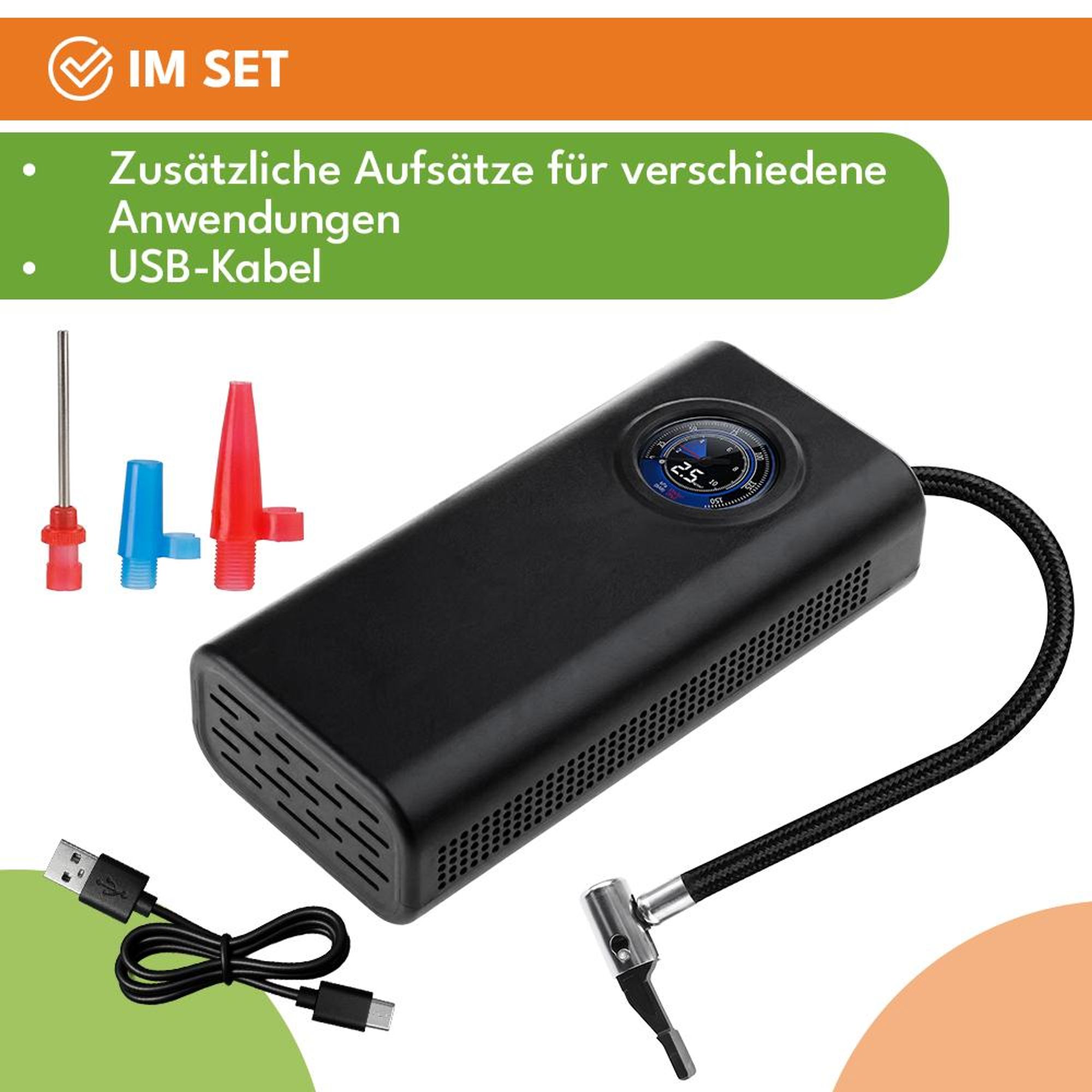 KRUMAD Elektrische Luftpumpe Akku mit Manometer, Mini Kompressor für Auto Fahrrad Motorrad Bälle, USB Reifenpumpe Tragbar