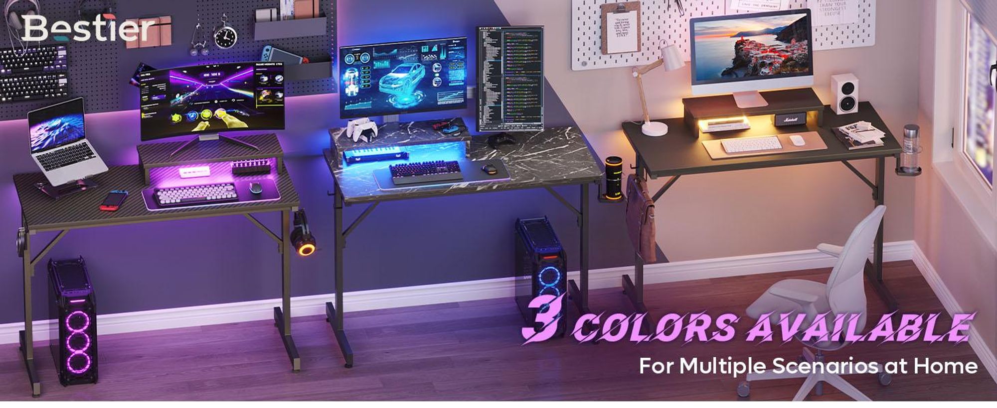 Bestier Gaming Schreibtisch 107cm klein, mit LED-Beleuchtung, Monitorständer, Headset-Haken & Becherhalter