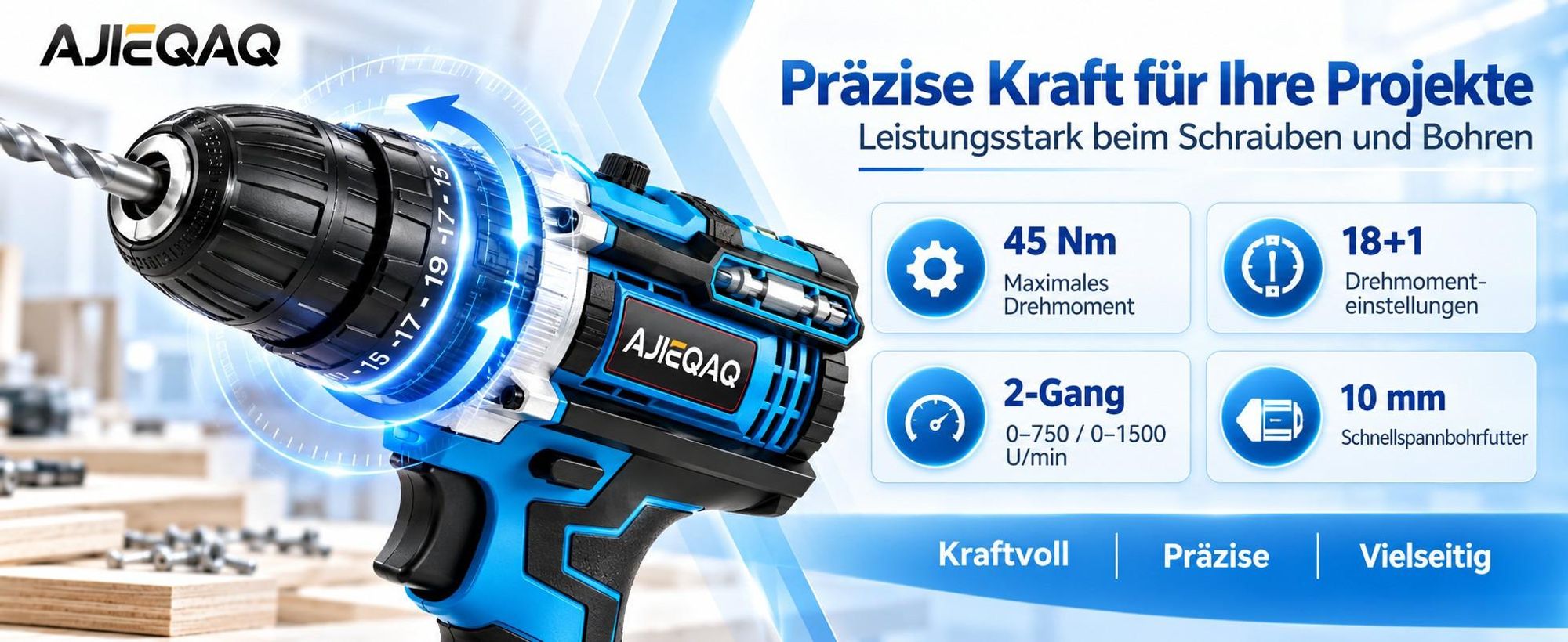 AJIEQAQ Akkuschrauber 21V MAX, 45Nm, 18+1, 2-Gang, 2×2,0Ah Akku, LED, Wasserwaage & Werkzeugkoffer