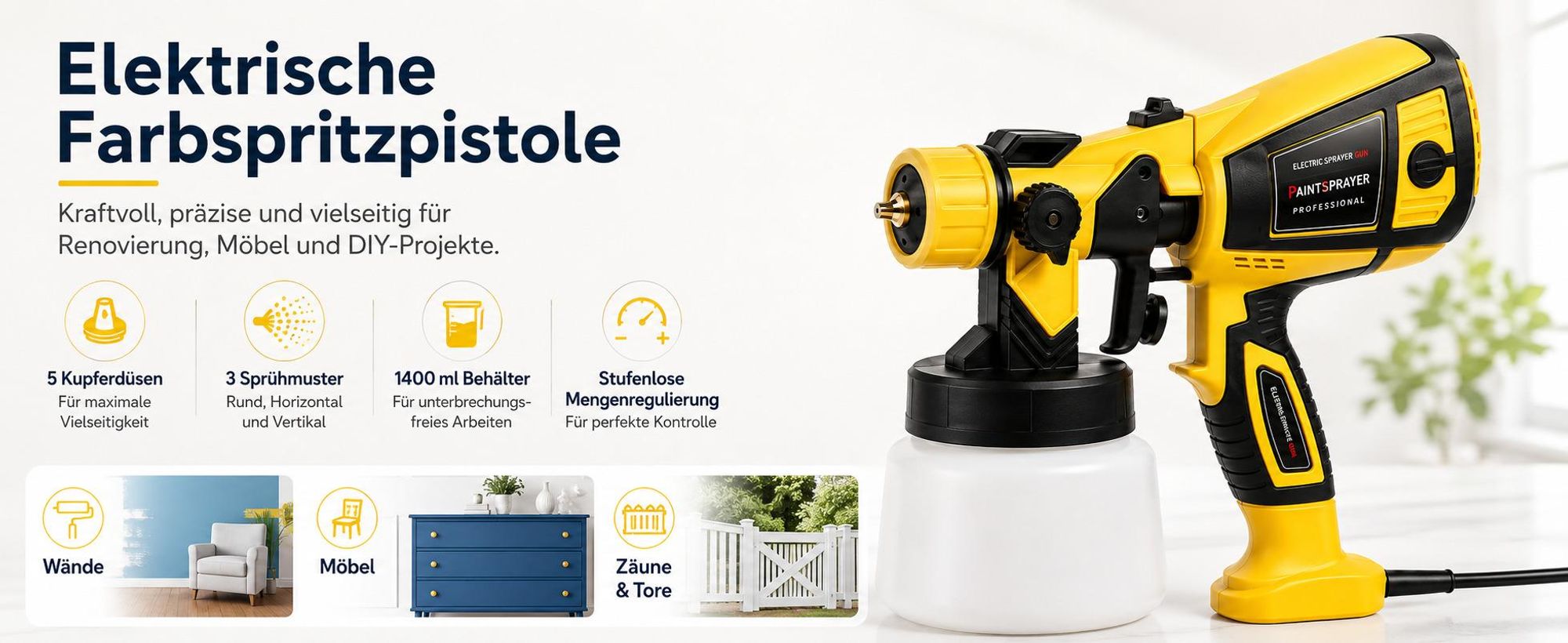 Farbsprühsystem Elektrisch Lackierpistole Farbsprühgerät 700W 1,4L 5 Kupferdüsen 3 Muster