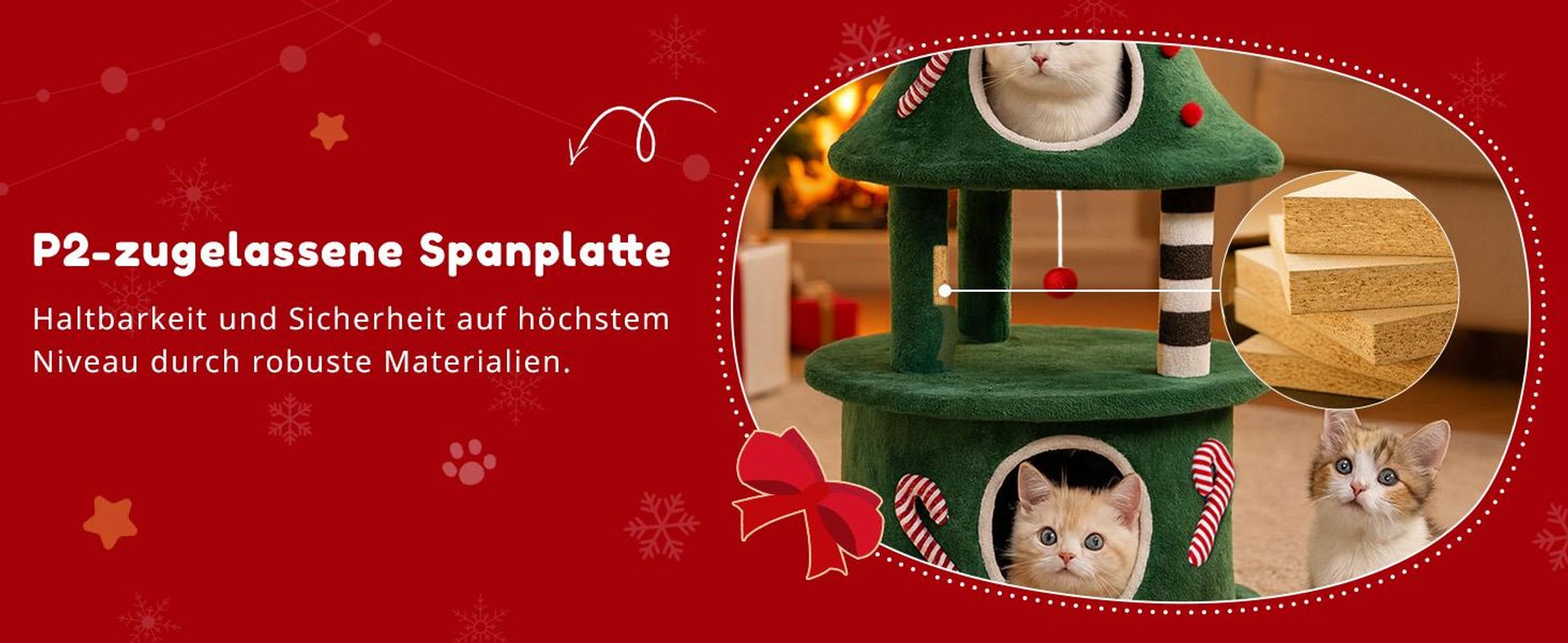 COMHOMA Kratzbaum 144 cm hoch im Weihnachtsbaum-Design, mehrstöckiger Katzenbaum mit Katzenhaus, Plattformen & Spielbällen, Stabiler Kletterbaum für K