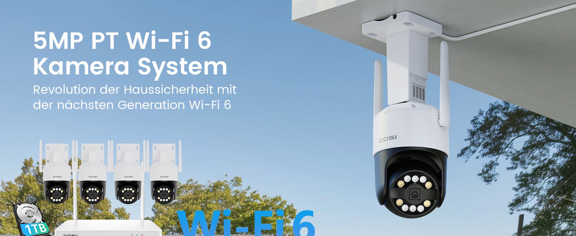 ZOSI 5MP WiFi 6 Überwachungskamera Aussen Set, 8CH NVR mit 1TB HDD, 4X 360° WLAN Kamera mit Personen- und Fahrzeugerkennung, Farb-Nachtsicht, C296B
