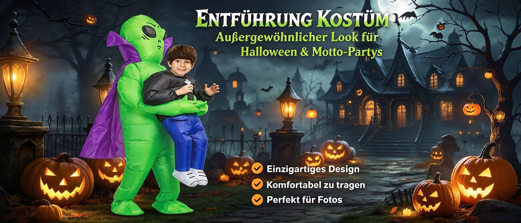 Juksun Alien Kostüm 120-150cm für Kinder Polyester grün aufblasbar mit Umhang für Halloween Karneval Party