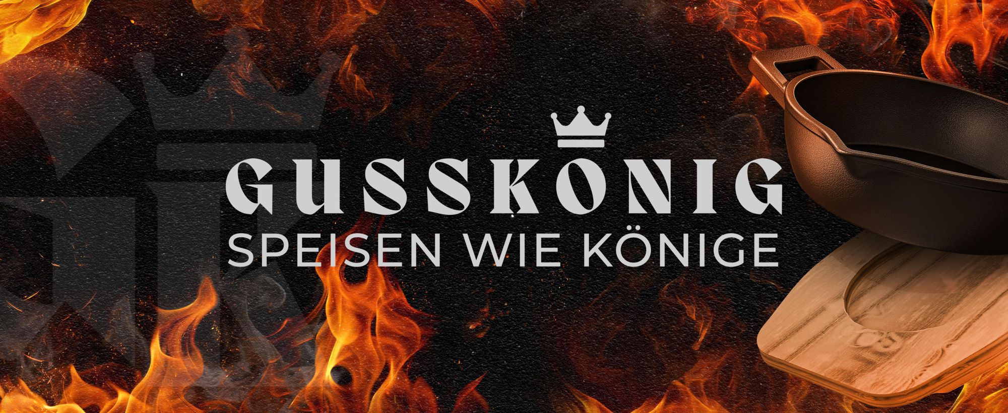 GUSSKÖNIG Gusseisen Grillpfännchen für Grill (2er Set) mit Holz Untersetzer aus Akazienholz - Grillpfannen Set aus Gusseisen