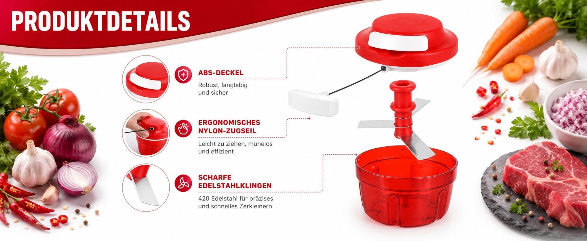 Gemüseschneider Zwiebelhacker, 300ML Manueller Lebensmittelzerkleinerer, Haushalt Kordelzug Design Zerkleinerer Fleischmixer Küche Kochen Zubehör rot
