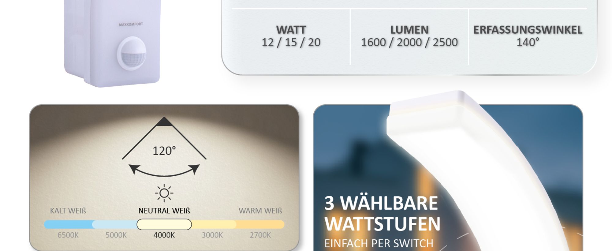 LED Außenwandleuchte 'X.PRIT', Weiß mit Bewegungsmelder - IP65, 3-stufig einstellbar (12W/15W/20W), Neutralweiß