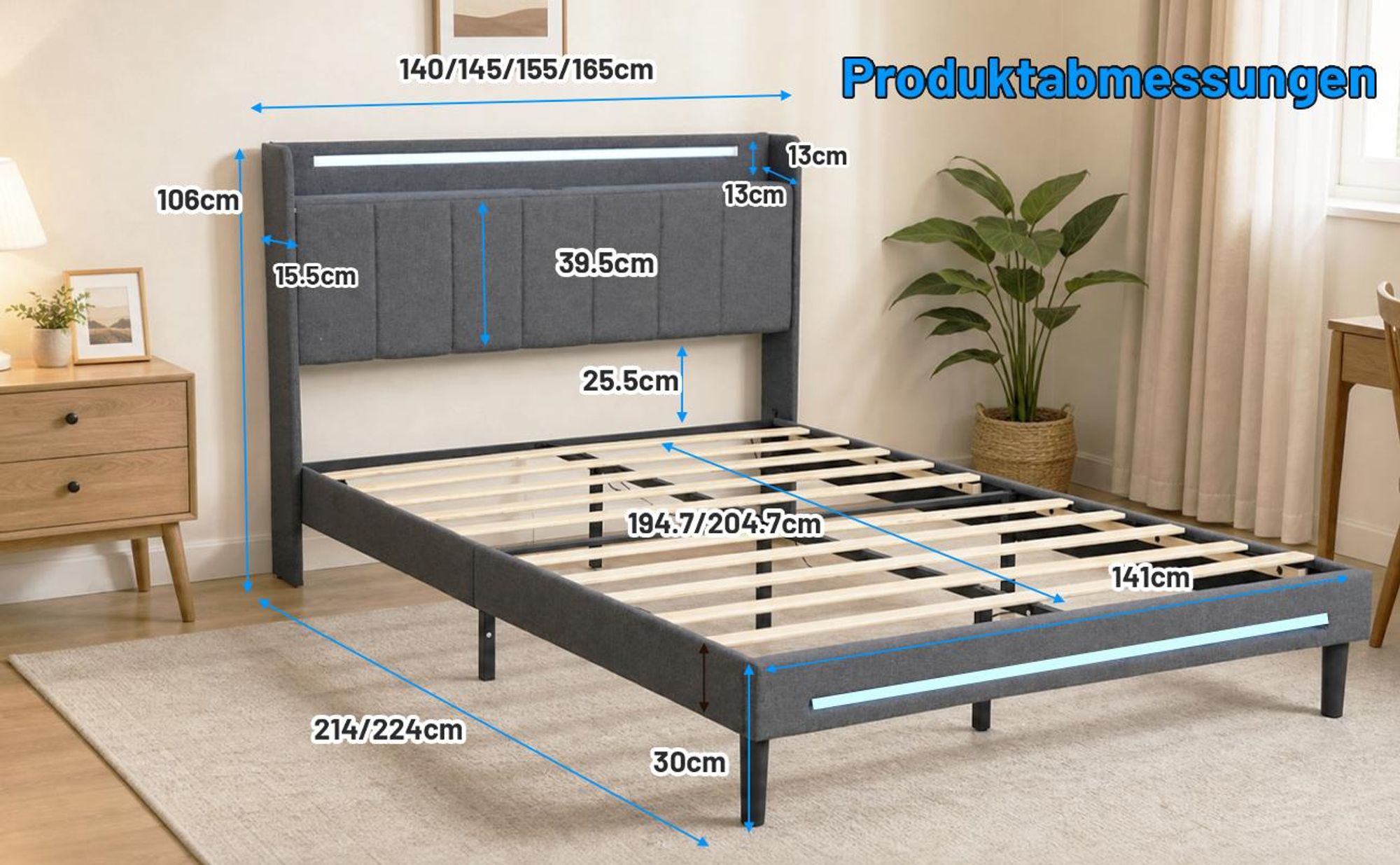 Polsterbett mit LED-Beleuchtung und USB-Ladefunktion, für Matratze 140x200cm, Doppelbett mit gepolstertem Kopfteil