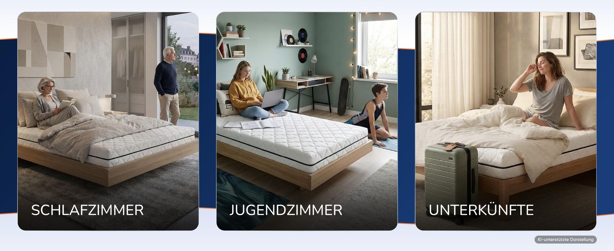 Drei Raeume mit der Matratze: Schlafzimmer, Jugendzimmer und Unterkuenfte