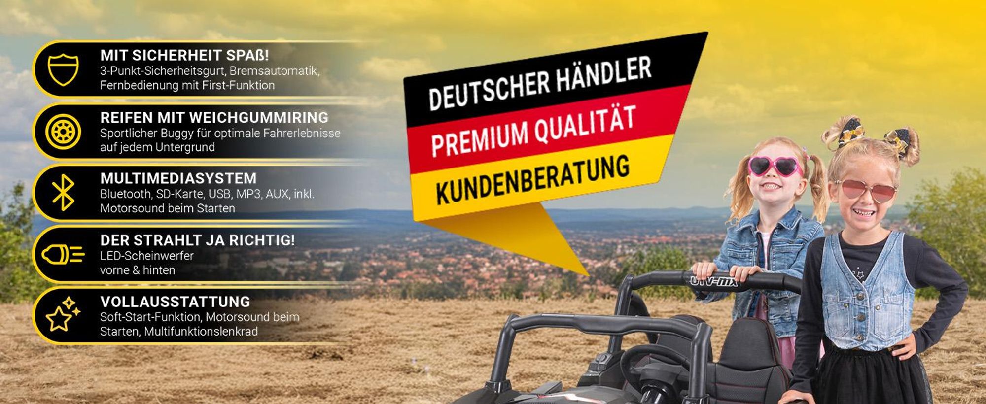 Actionbikes Motors UTV Buggy MX | 4x4 Allrad - Kinder Elektro Auto - 2,4 GHz Fernbedienung - 2 x 12 V Motoren - USB - AUX - Bluetooth (Schwarz)